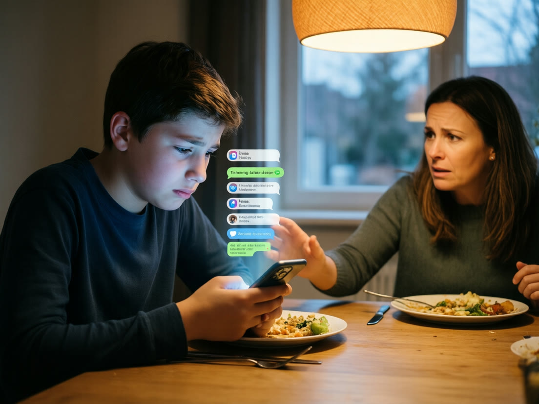 A boy at the dinner table stares at hurtful notifications as his mother reaches for his hand