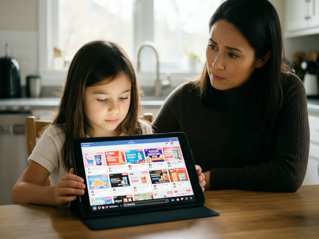 A mother notices the shopping ads crowding her daughter’s tablet feed