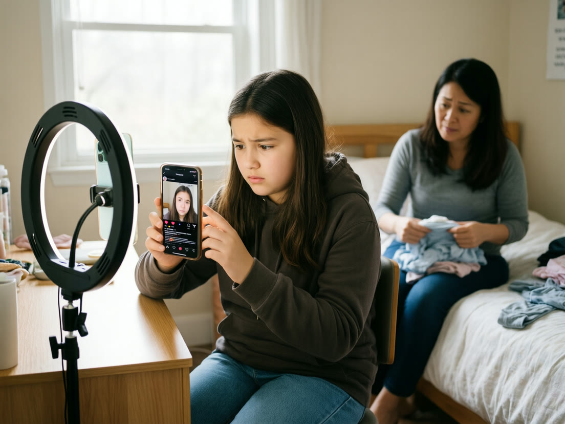 A teenage girl checks the likes on her selfie as her mother watches with concern