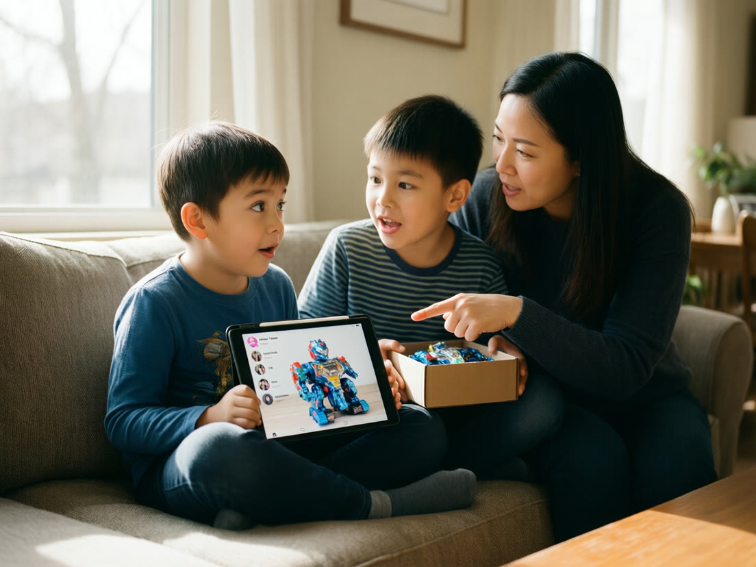 A mother points out that a toy-unboxing video on her son’s tablet is an advertisement
