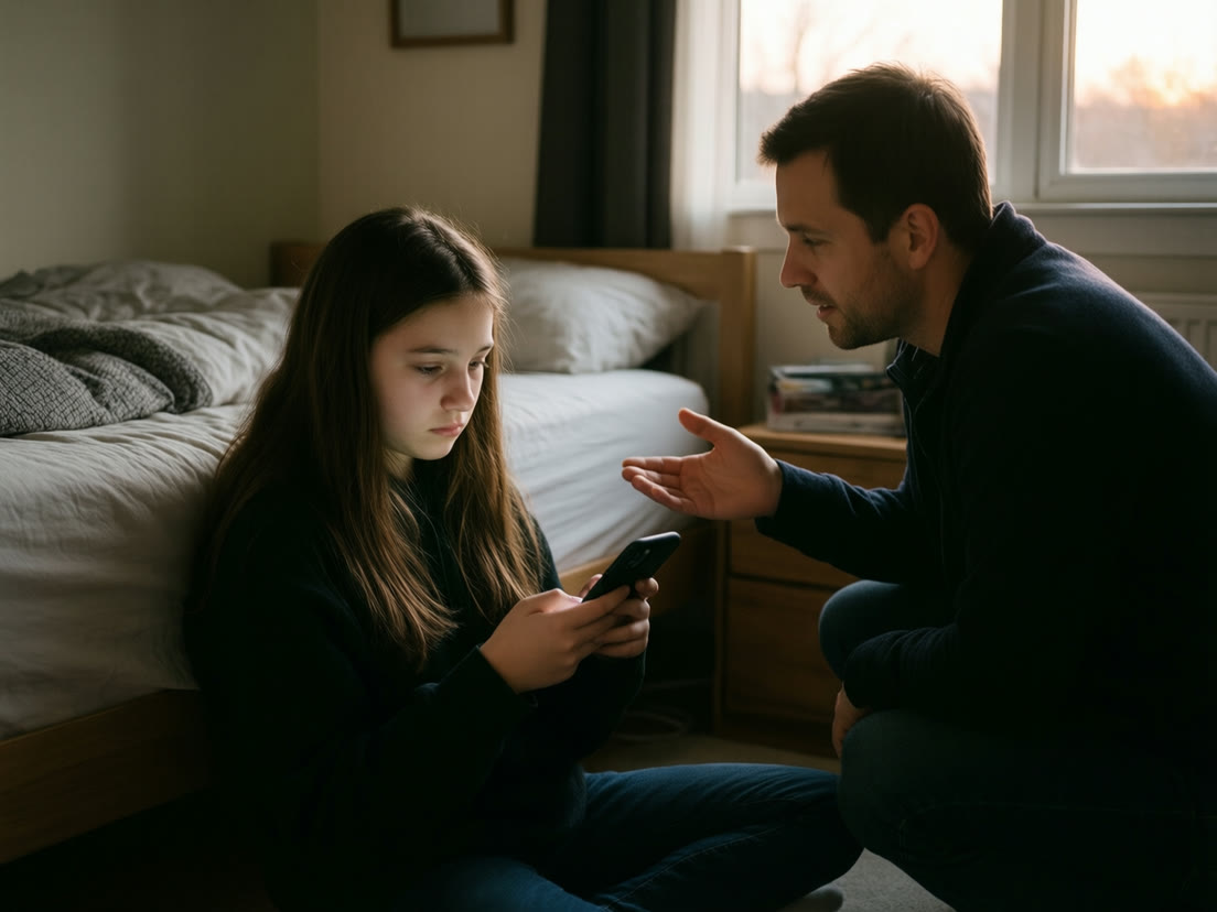 A father kneels beside his daughter as she scrolls a dark feed alone on her bedroom floor