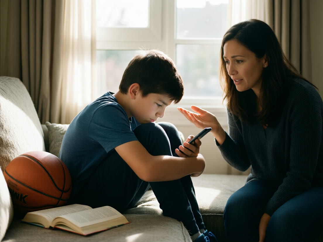 A mother holds out her hand for the phone her anxious son is clutching