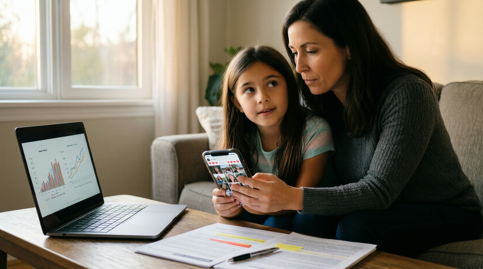 A mother and her daughter study a social media feed on the girl’s phone, with research charts and a highlighted report on the table