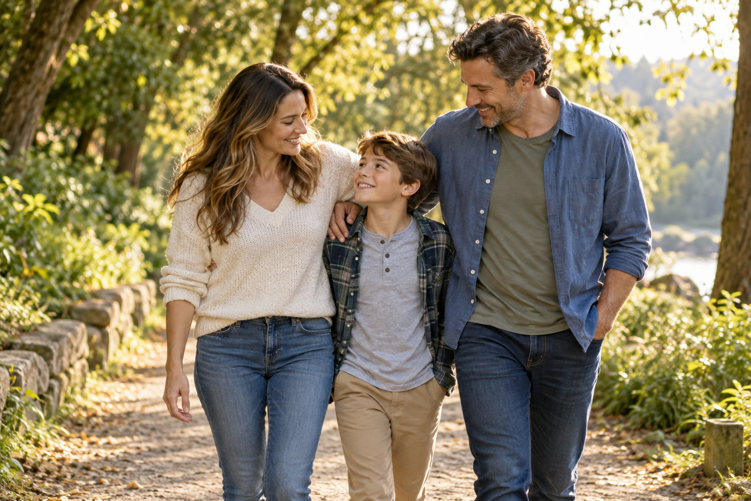 Illustrative happy mother and father walking outside with their arms around their son’s shoulders