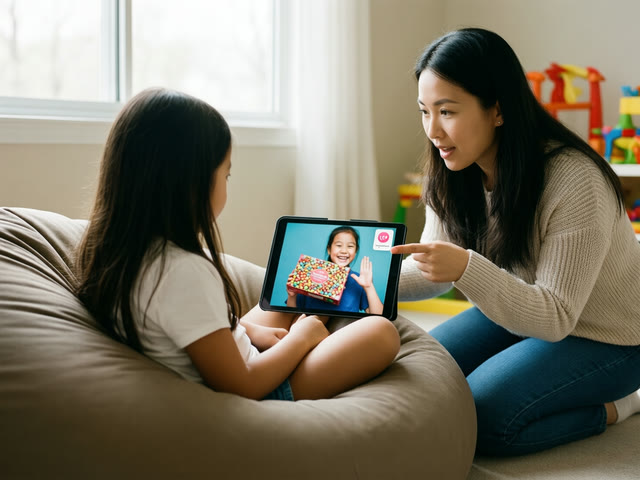 A mother points out the sponsored label on an influencer video her daughter is watching