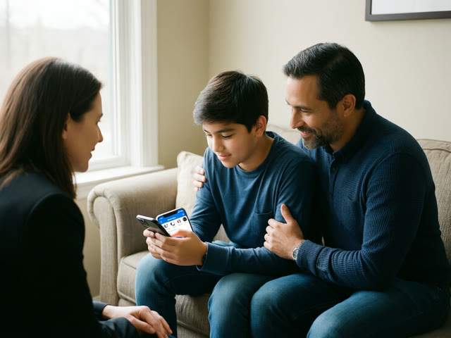 A father and son talk with a family counselor about the social media app on the boy’s phone