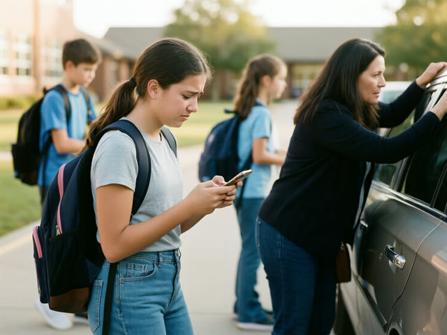 A mother at school pickup opens her arms to her daughter, upset by messages on her phone