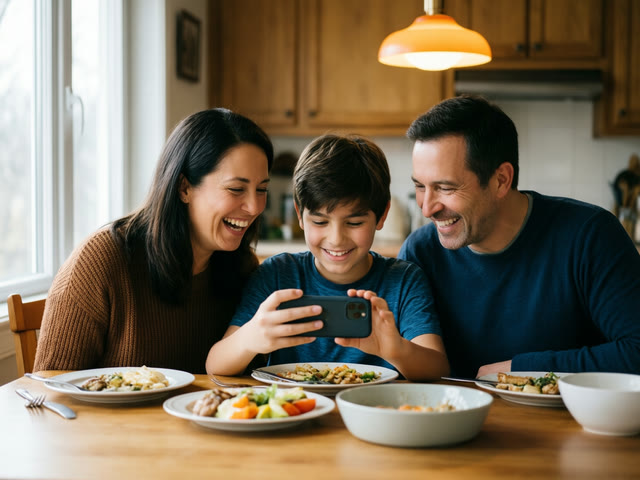 A family laughs together at a video the son shares at dinner