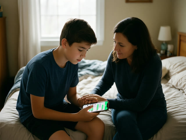 A mother holds her son’s hand as he shows her a direct-message chat