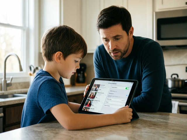 A father studies the privacy settings on his son’s tablet