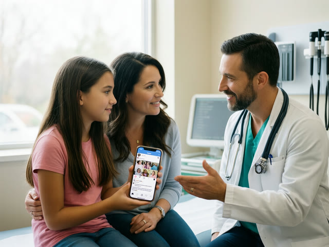 A pediatrician talks with a mother and daughter about the social media feed on the girl’s phone