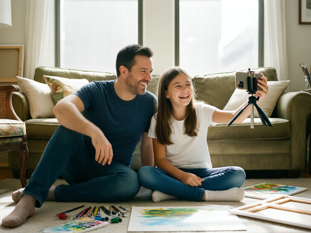 A father and daughter laugh while making a creative video together