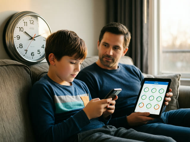 A father checks a screen-time chart while his son scrolls a feed as the clock ticks on
