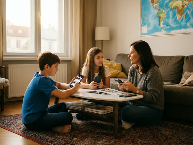 A mother talks with her two children about the social media feeds on their phones