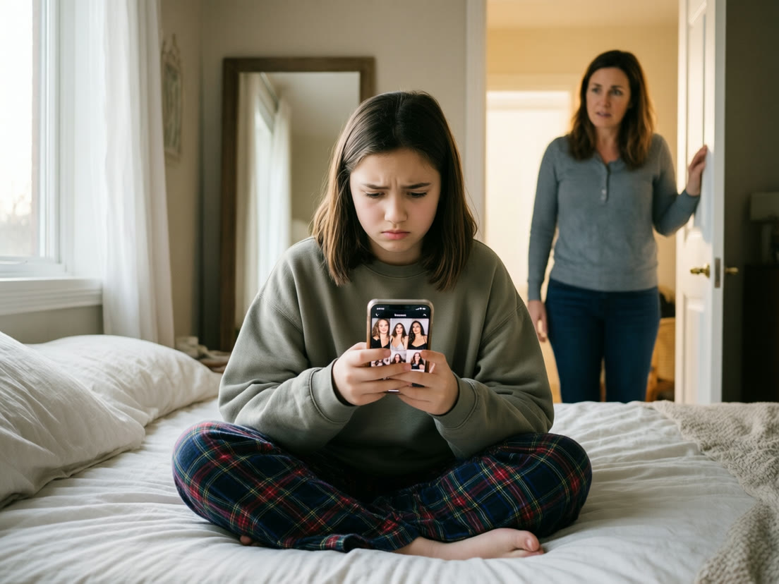 A teenage girl looks at polished influencer selfies as her mother watches from the doorway