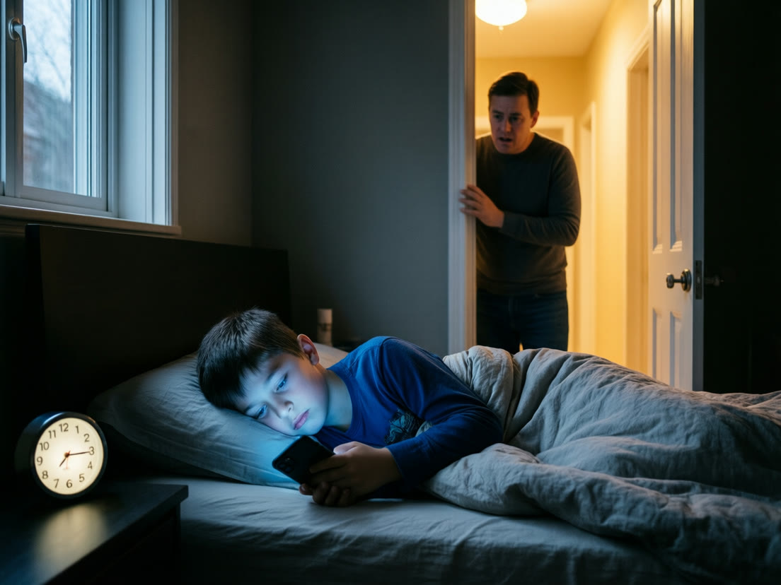A boy scrolls a video feed in bed after midnight as his father opens the bedroom door