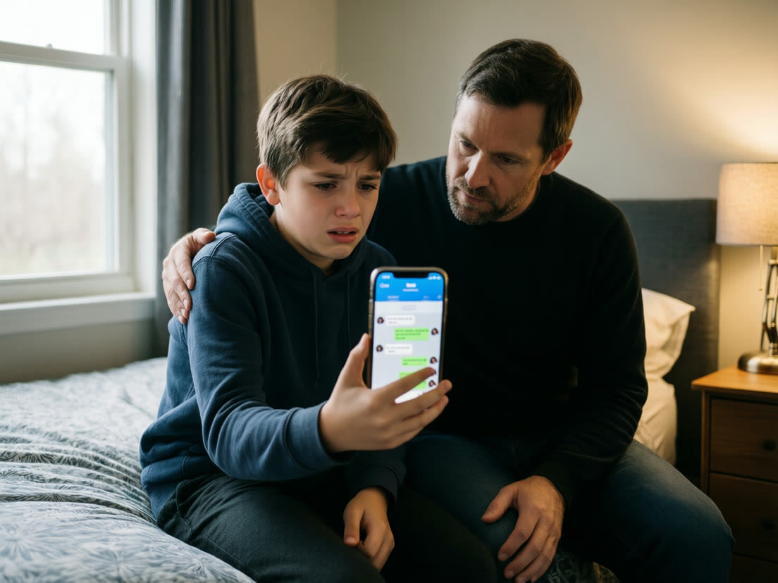 A father comforts his teenage son, who shows him a direct-message chat